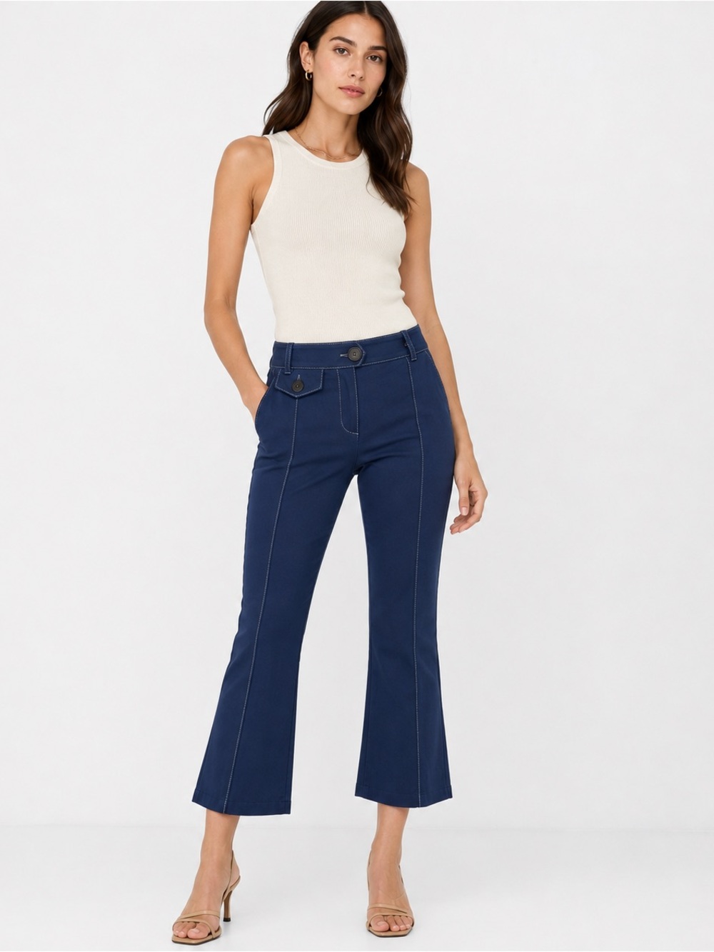 Derek Lam 10 Crosby Blue Cropped Flare Pants Contrast Stitch Stretch